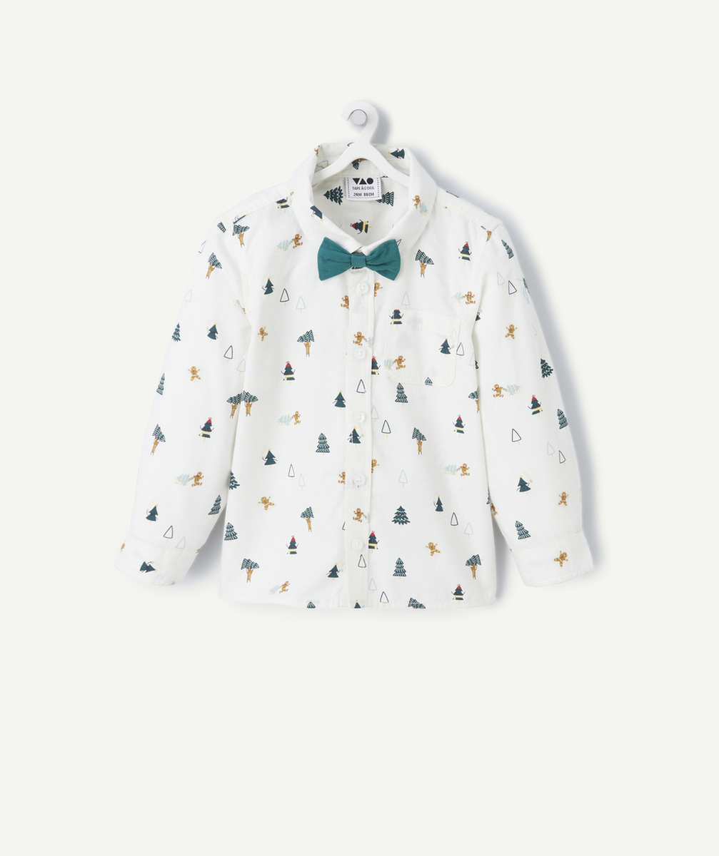CHEMISE BÉBÉ GARÇON BLANCHE AVEC IMPRIMÉ THÈME NOËL ET NOEUD PAPILLON VERT