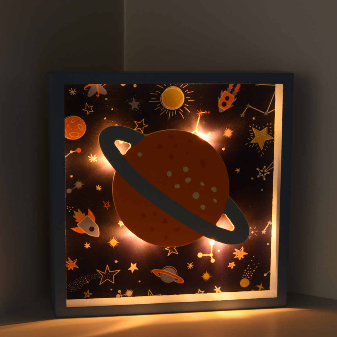 Topolino LED Bilderrahmen mit Weltraum-Motiv hellblau / dunkelblau / orange