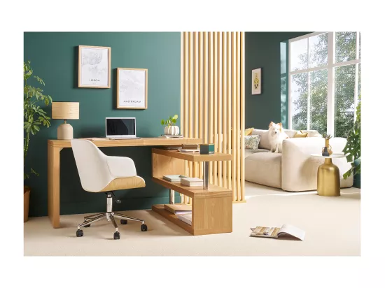 Chaise de bureau à roulettes design blanc, bois clair et acier chromé SANDRO