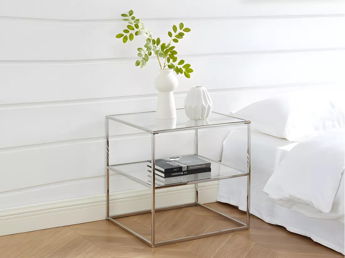Lot de 2 tables de chevet - 1 tablette - Verre trempé et acier - Argent - KOHANA