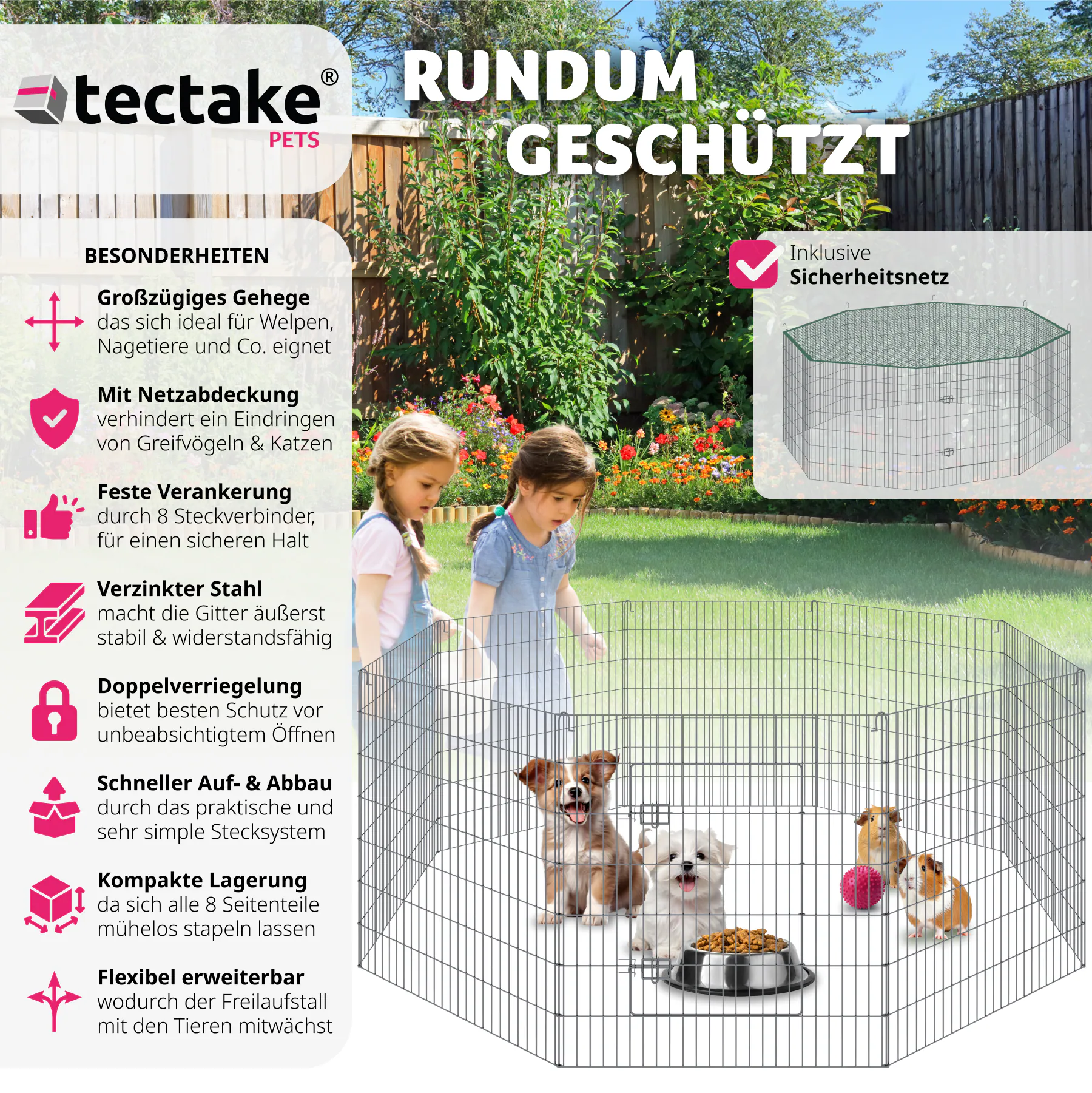 tectake® Freilaufgehege , aus 8 Gitterelementen, große Tür mit Doppelverriegelung, Ø 204 x 93 cm