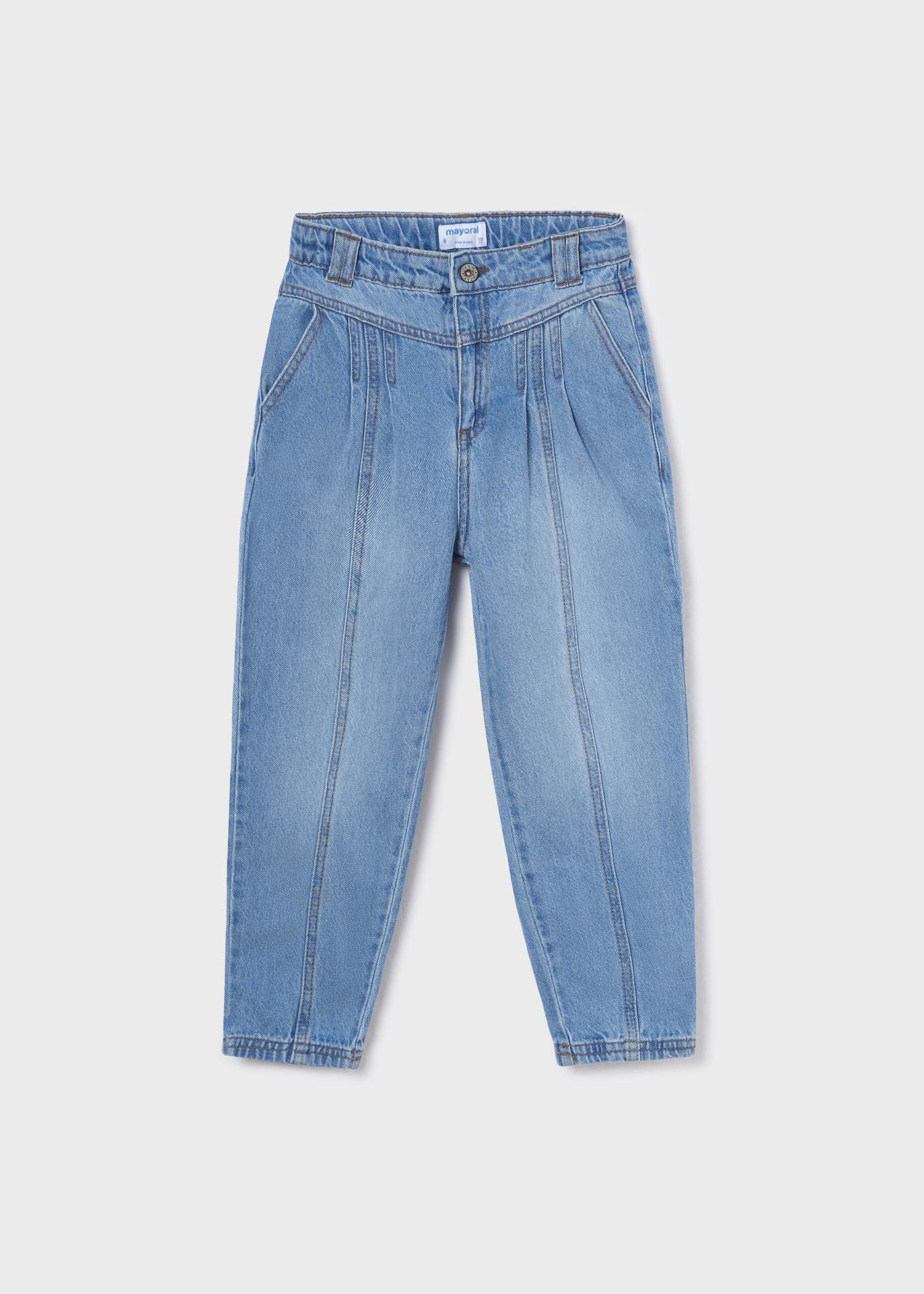 Calça jeans folgada de algodão com cintura alta para meninas
