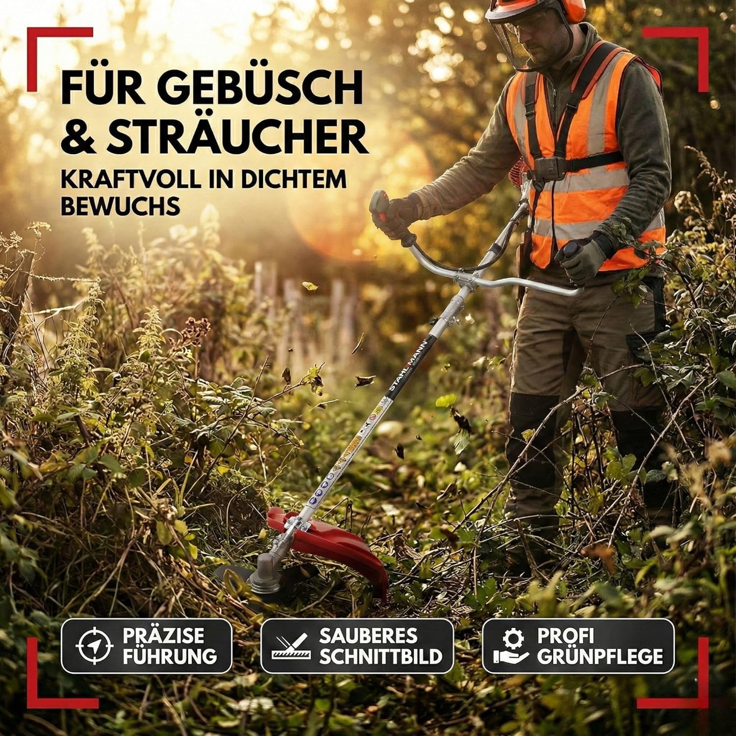 Stahlmann Freischneider Benzin MS520 – Motorsense Benzin mit kraftvollem 3PS Motor, 42cm Schnittbreite, 52ccm 2-Takt – Rasenkantenschneider und Rasentrimmer mit Tragegurt