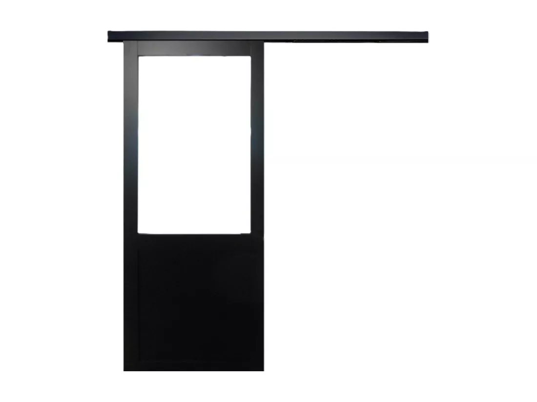 Porte Coulissant Atelier Noir Vitree H204 X L83 Sans Meneau + Rail Alu Bandeau Noir Gd Menuiseries