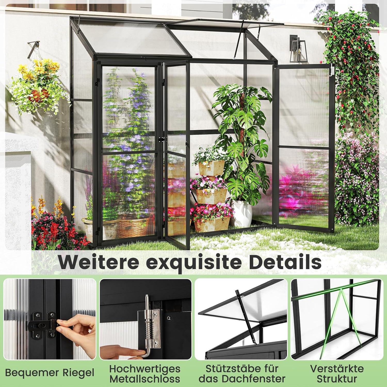 COSTWAY Gewächshaus, Anlehngewächshaus Tomaten, Treibhaus mit Oberlicht & 3 verschließbaren Türen, Aluminium, Beistell Tomatengewächshaus, Gartenhaus Pflanzenhaus groß, Schwarz, 180 x 52 x 190 cm