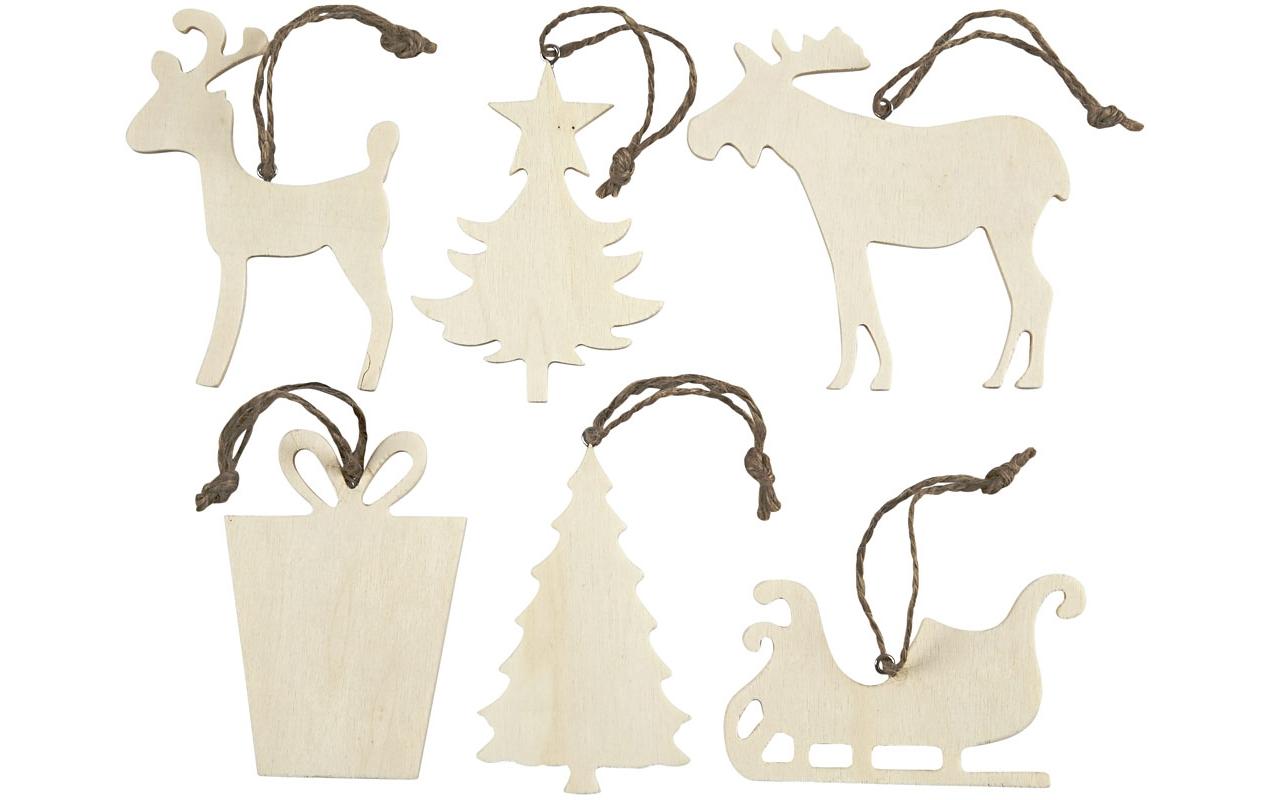Deko Weihnachtsanhänger aus Sperrholz 7 - 9 cm, 6 StückWeihnachtsaufhänger