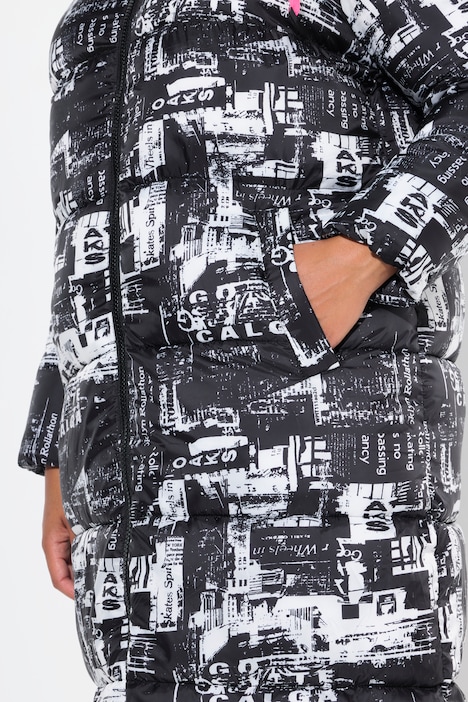 Steppmantel, oversized, Zeitungs-Druck, Kapuze