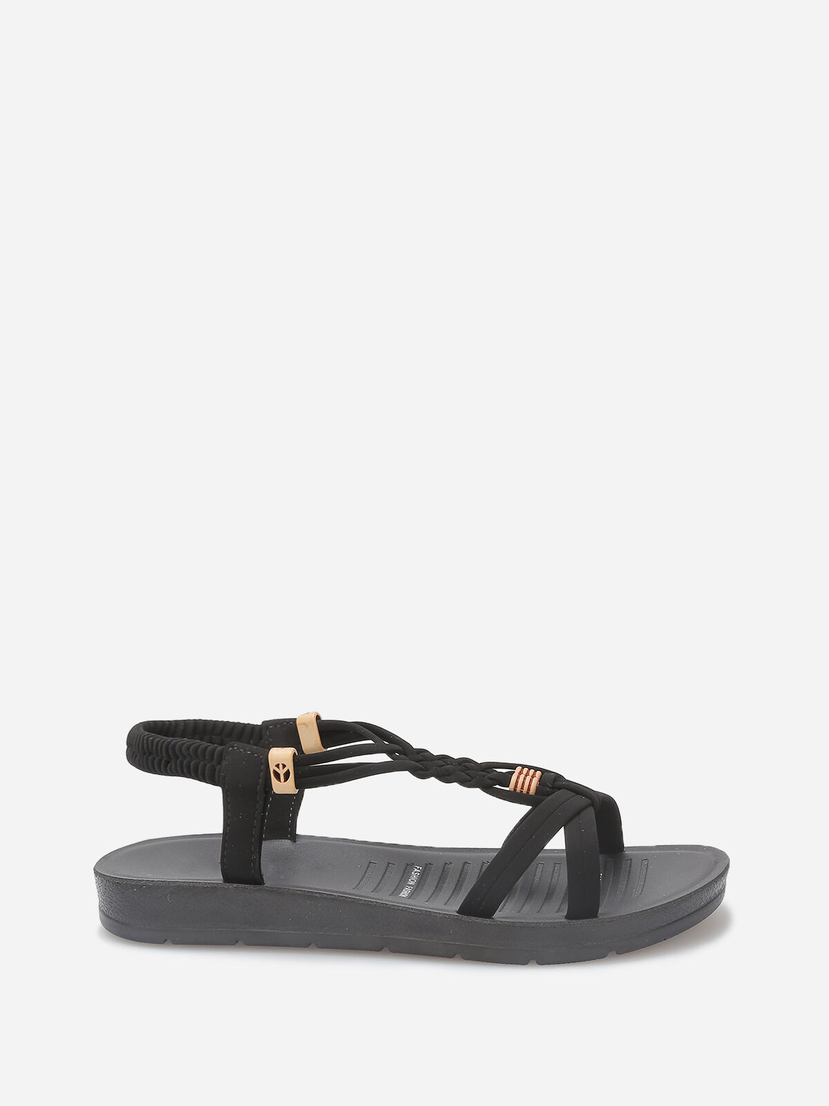 Sandales à brides tressées et perles bois- Noir