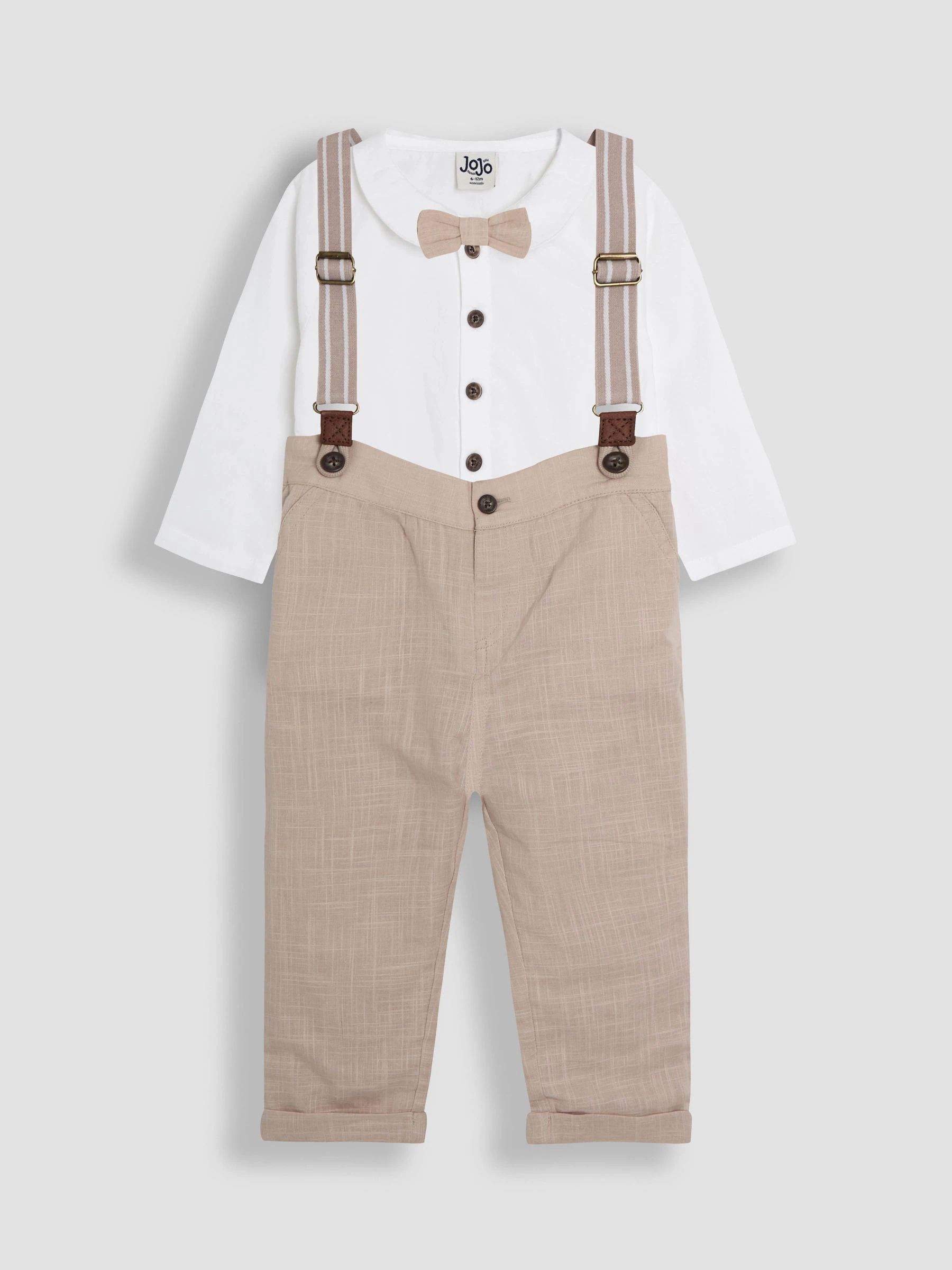 Pastelgeel - JoJo Maman Bébé 4-delige set van overhemd en broek met strik en bretels