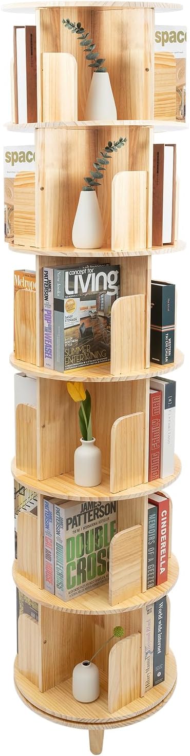 6 Ebenen Drehbares Bücherregal 360 ° Massivholz Bodenstehendes Bücherregal Multifunktional Standregal für Kinder und Erwachsene 50KG Tragkraft Pro Etage Holz Regal für Büchern, Fotorahmen