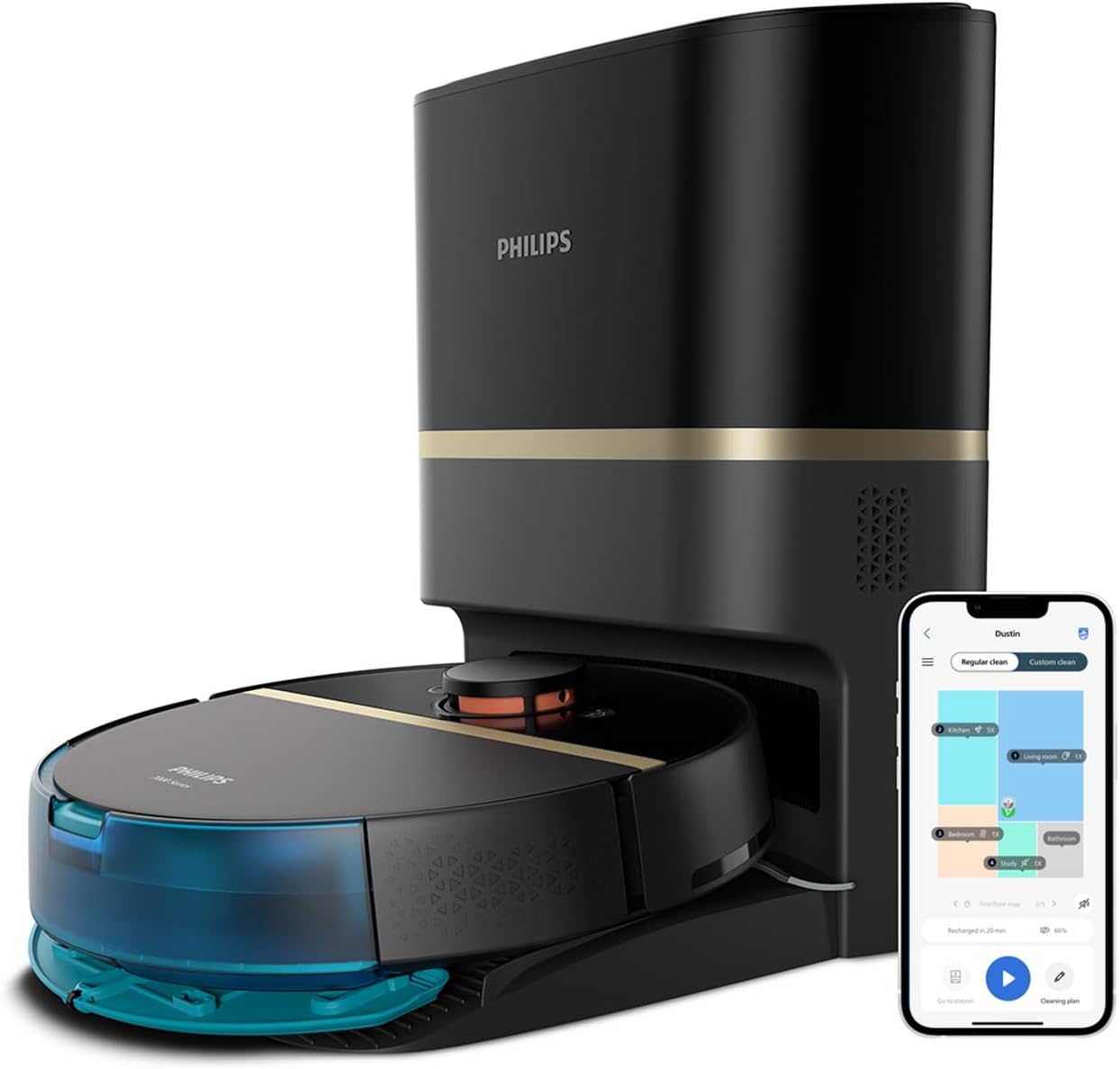Philips HomeRun 7000 Serie Roboter-Staubsauger und Wischmopp–Ultra-starke 5000 Pa Saugleistung, Automatische Entleerungsstation, Vibrationsmopp, 180 Min Laufzeit, Intelligente App-Steuerung(XU7100/01)