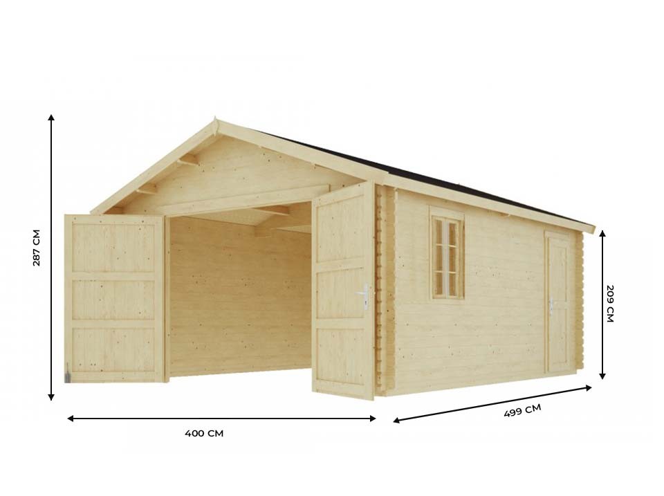 Garage bois newport double porte en bois 19,2m² - epaisseur des madriers : 44mm - toit double pente - abri voiture