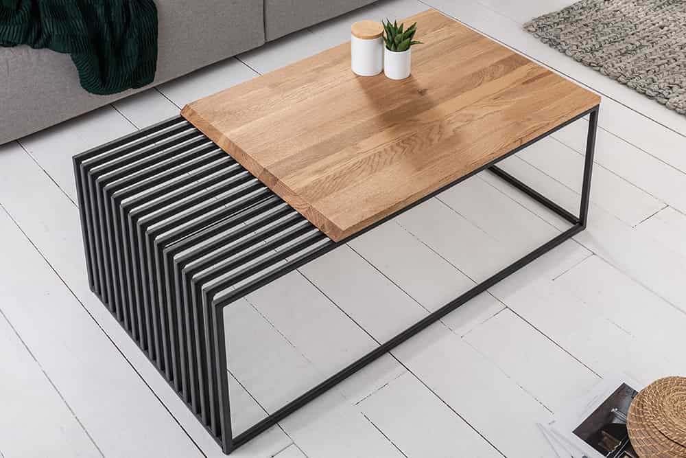 Massivholz Couchtisch ARCHITECTURE 100cm Eiche geölt schwarzes Metallgestell