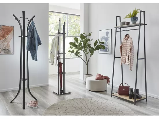Porte-manteau en bois coloris chêne et métal noir - longueur 68 x profondeur 40 x hauteur 166 cm