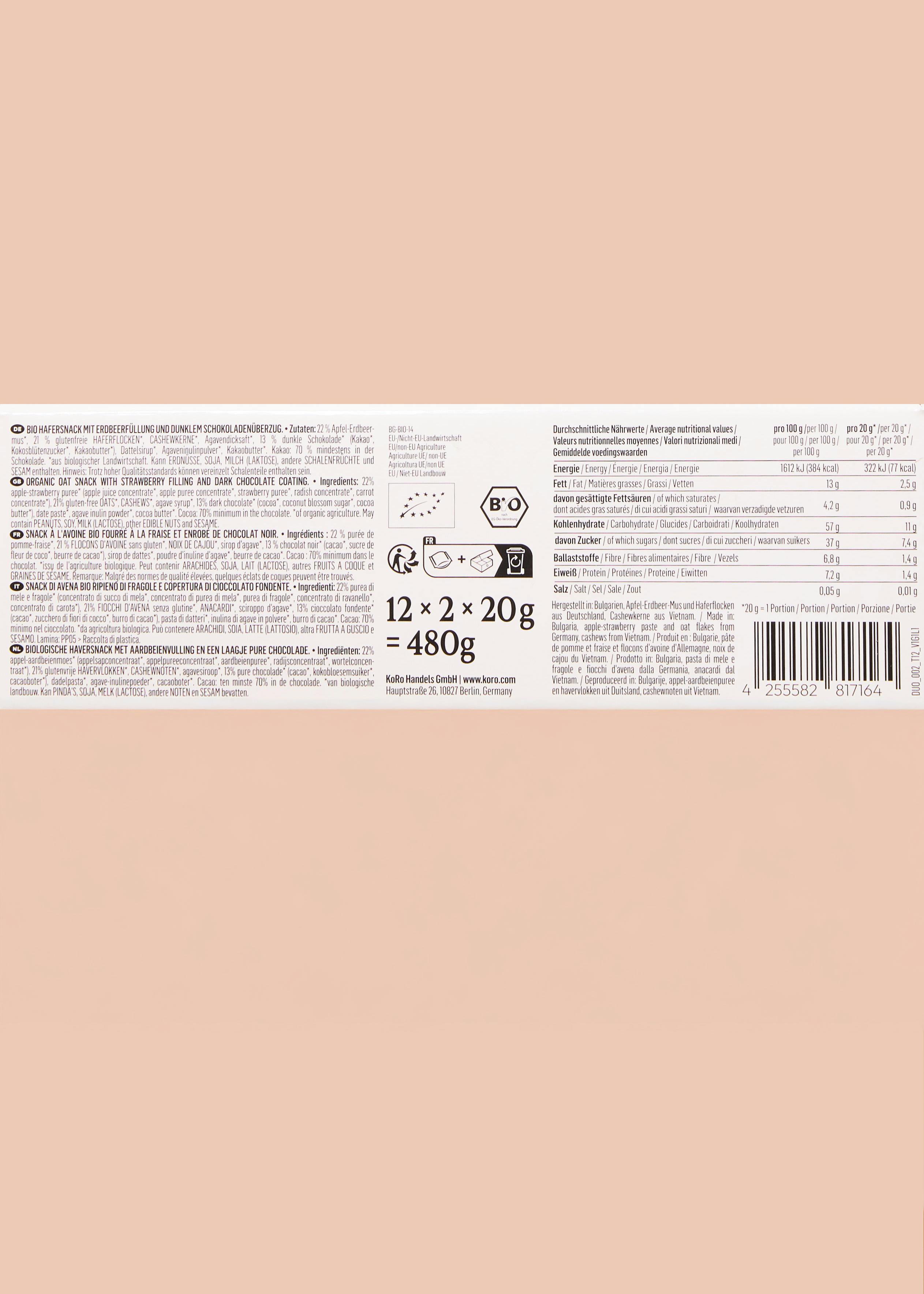 Bio Dark Chocolate Duo Strawberry 12 x 2 x 20 g