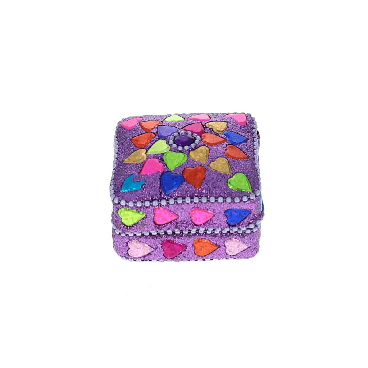 Boîte indienne carrée lilas et cœurs multicolores Pondie Chérie