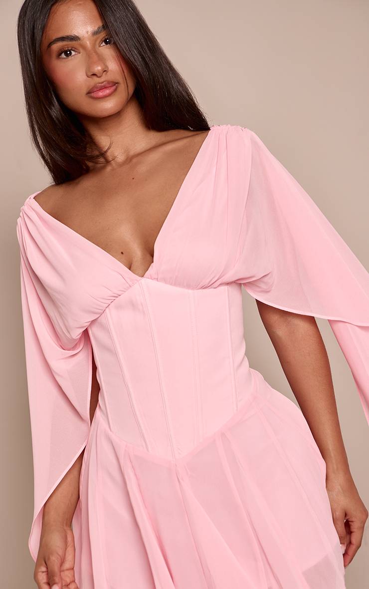Rose Bébé Robe Mini Petite Taille À Taille Corset En Mousseline Avec Manches Drapées Et Jupe Godet