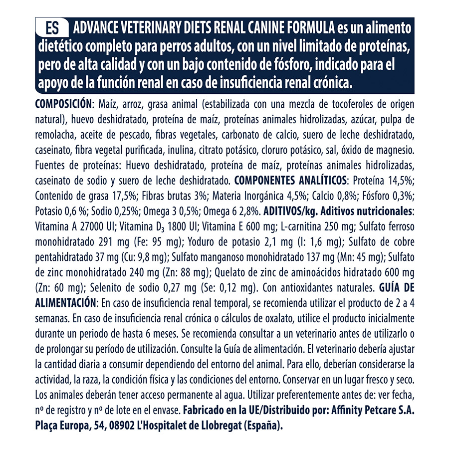 kg de ração Advance Veterinary Diets Renal para cães