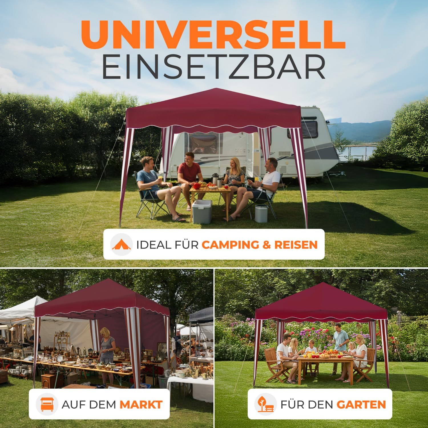 Kronenburg Faltpavillon wasserdicht Dachmaß 3 x 3 m UV Schutz 50+ Pavillon in Rot mit 4 Seitenteilen