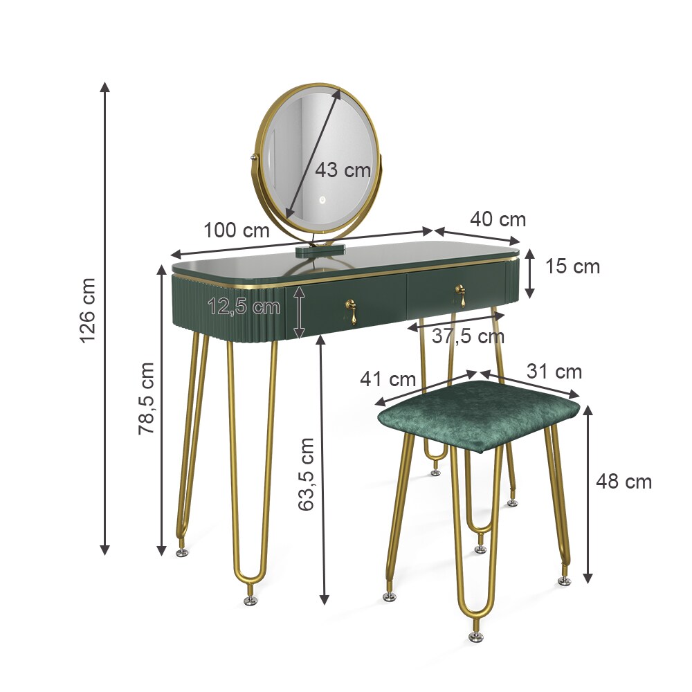 Vicco Schminktisch Frisiertisch Schminkkommode Grace Dunkelgrün Hochglanz LED-Spiegel Hocker 100x126 cm modern Schlafzimmer Kommode Schublade Ablage Aufbewahrung Kosmetiktisch Schminkkonsole Make-Up-Tisch