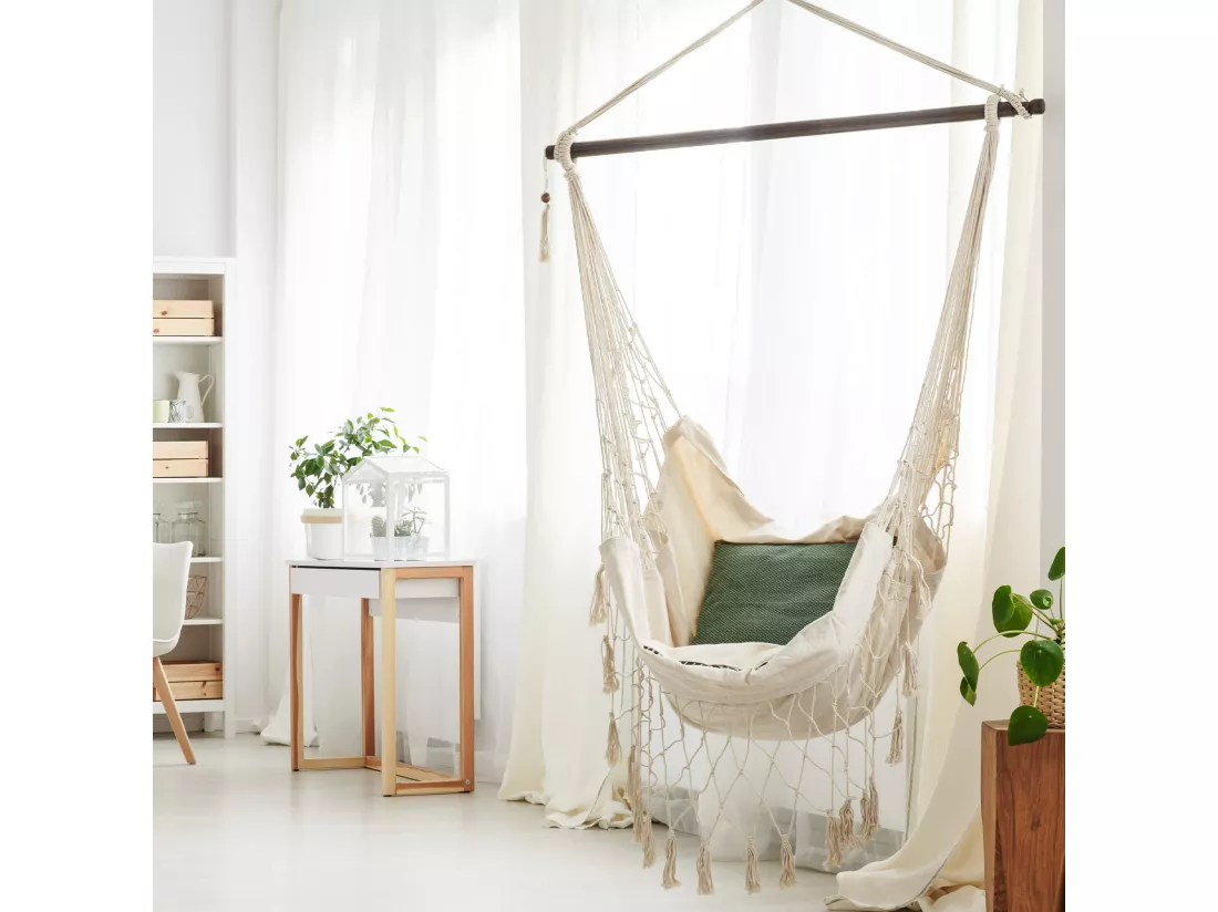 Hamac suspendu Fauteuil à bascule Beige pour Jardin avec Coussins