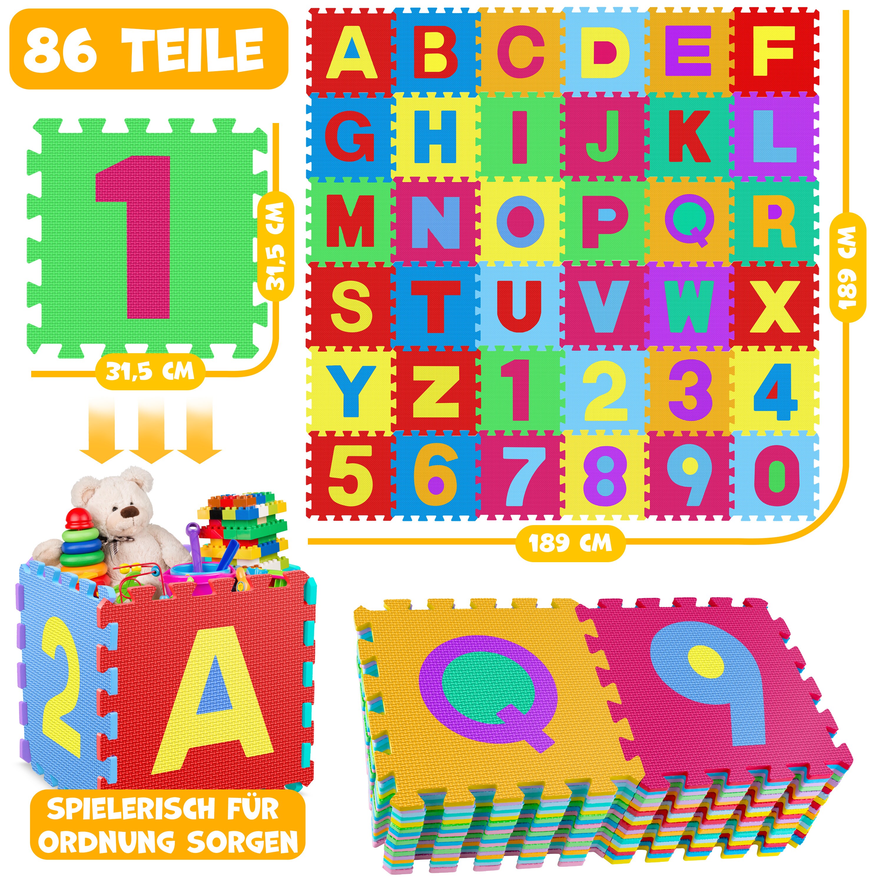 KIDIZ® 86 teilige Puzzlematte Kinderspielteppich Spielmatte Spielteppich Schaumstoffmatte Kinderteppich, Puzzle Zahlen und Buchstaben Schutzmatte
