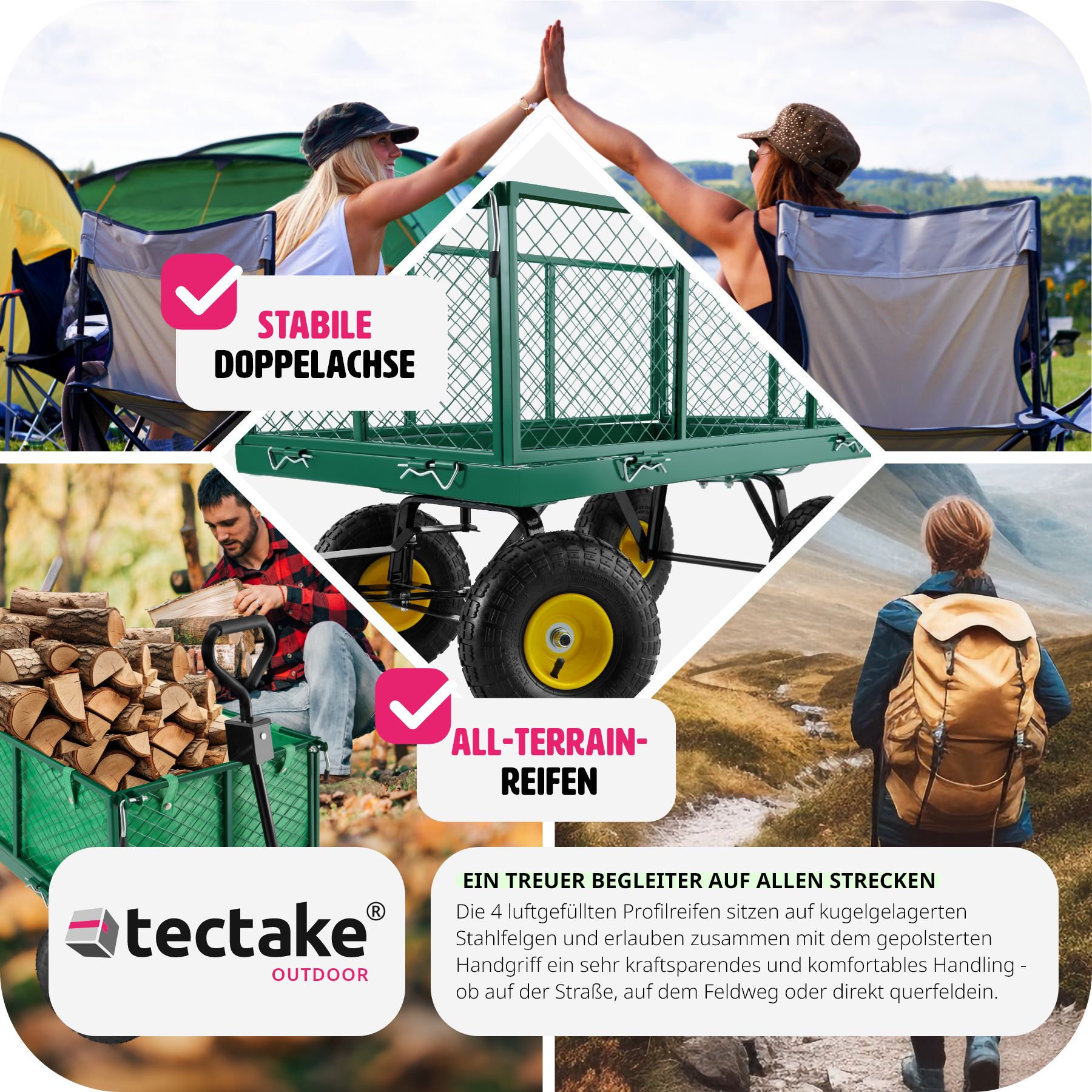 tectake® Bollerwagen, mit klappbaren Seitenwänden, leichtgängige Lenkachse mit gepolstertem Griff, Belastbarkeit 550 kg