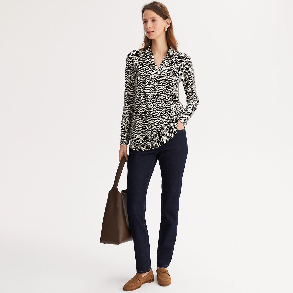 ANNE WEYBURN<br>Camiseta com gola polo, estilo túnica, mangas compridas