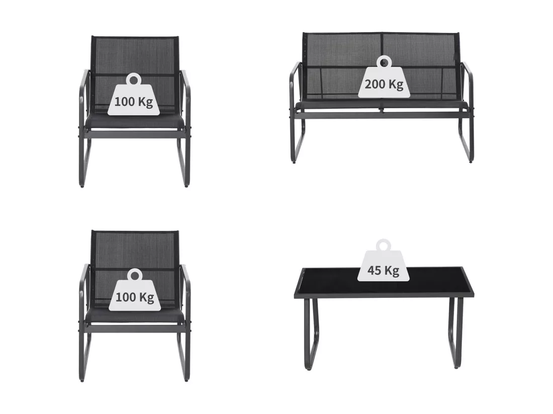 Sakura - Salon de jardin design avec canapé + 2 fauteuils + table basse avec étagère en verre