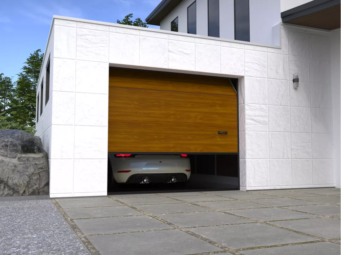 Porte de garage sectionnelle sur mesure rainurée naturelle foncée - METRONIA