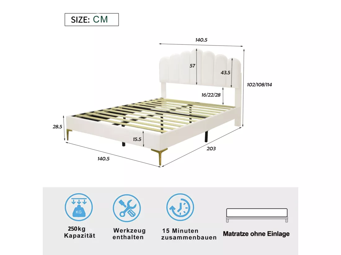 Lit double rembourré en velours - 140x200cm - tête de lit en forme de fleur - avec sommier à lattes - Beige