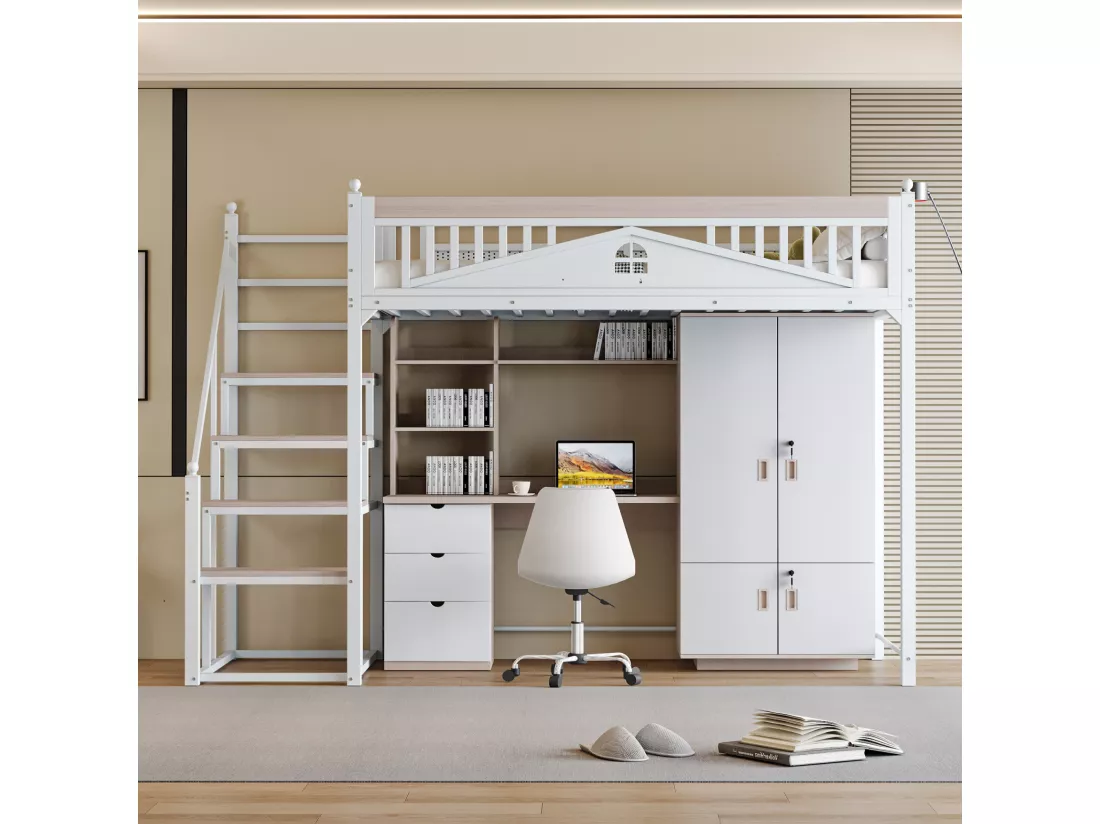 Lit mezzanine en métal 90x200cm - avec échelle modulable - Blanc (matelas non inclus)