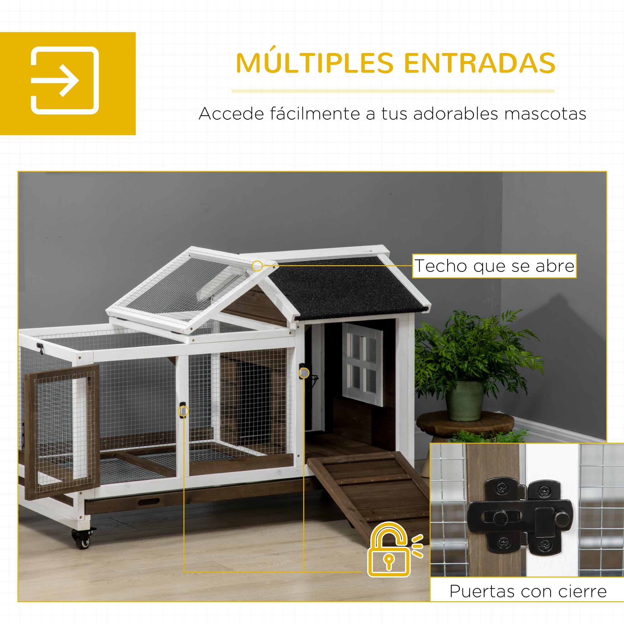 Gaiola de madeira PawHut para coelhos com rodas, 108x58x73,5 cm, para 1-2 coelhos, com teto que abre, cercado de metal, bandeja removível, portas com trava e rampa, marrom.