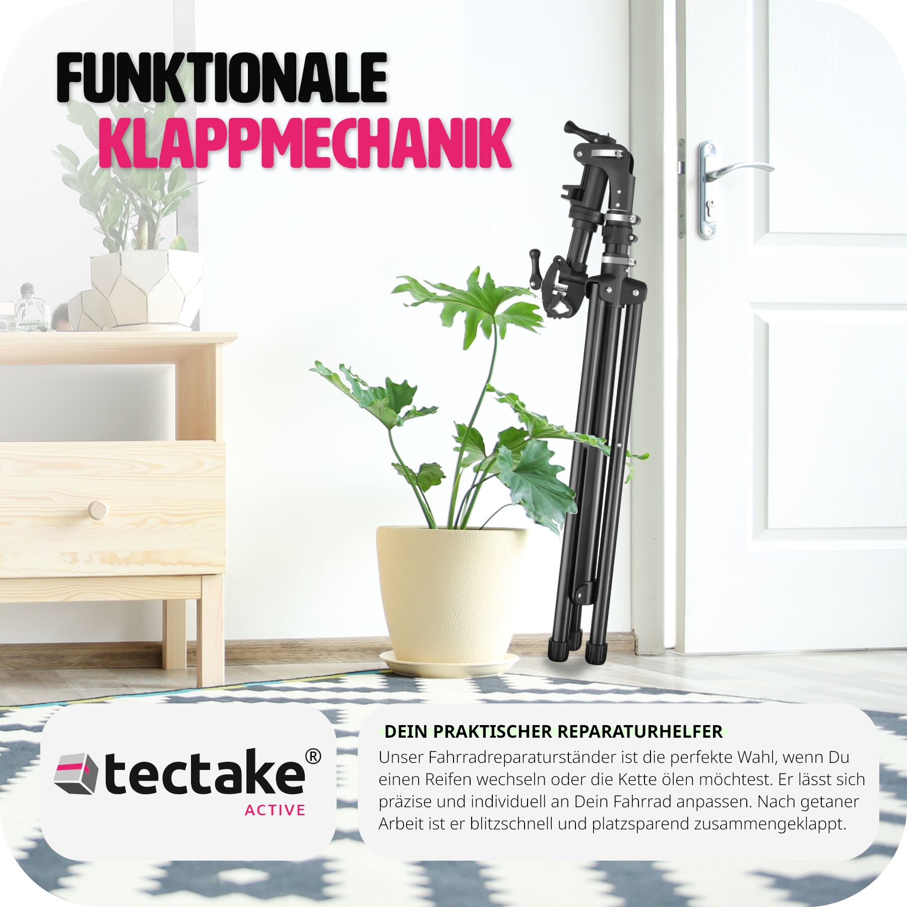 tectake® Fahrradmontageständer, Belastbarkeit 50 kg, klappbar mit Schnellverschlüssen, lackschonend, inklusive Vorderrad-Stabilisator und magnetischer Werkzeugablage