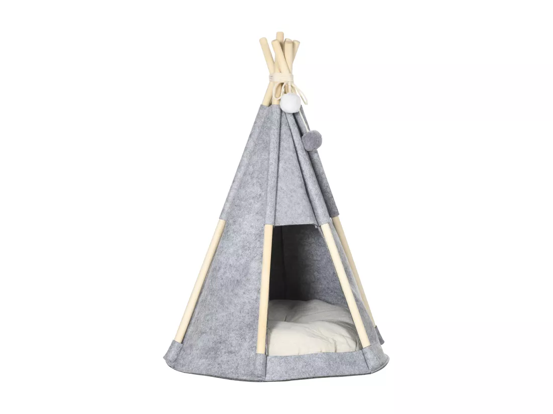 Tente tipi pour animaux - teepee chien chat - coussin épais grand confort inclus - structure bois de pin feutre polyester gris