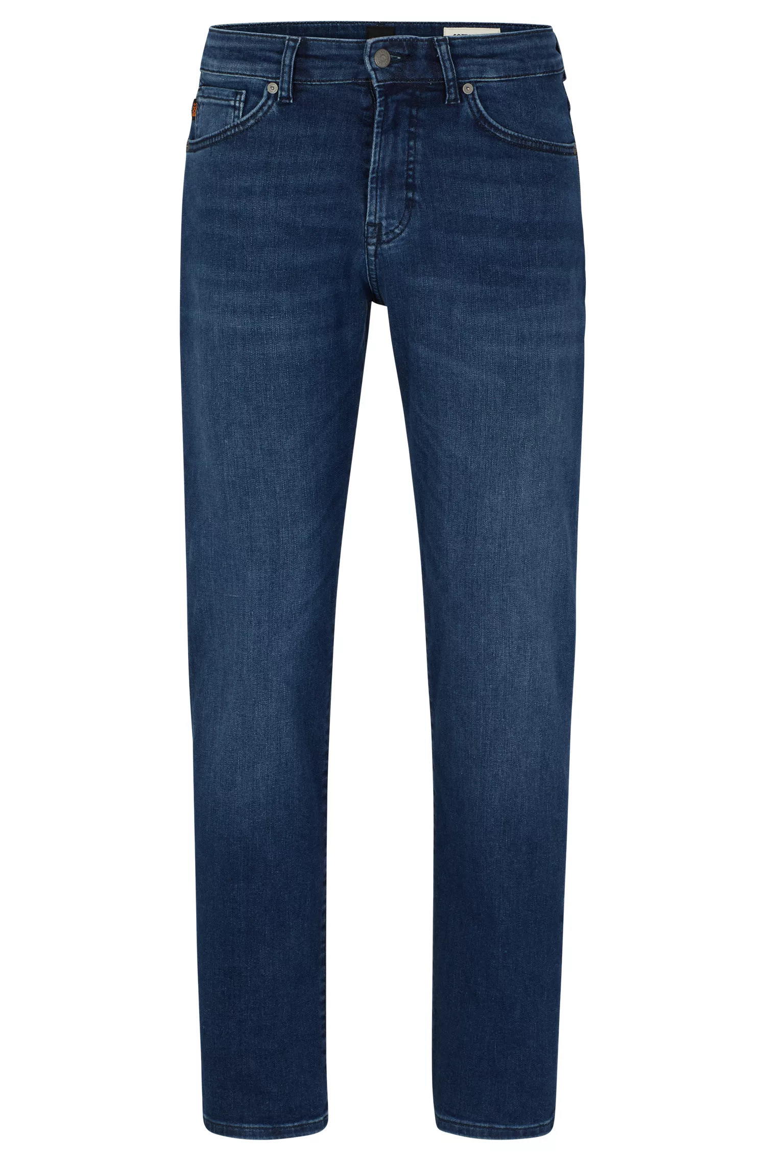 Calça jeans BOSS laranja, corte regular, em denim superelástico azul médio.