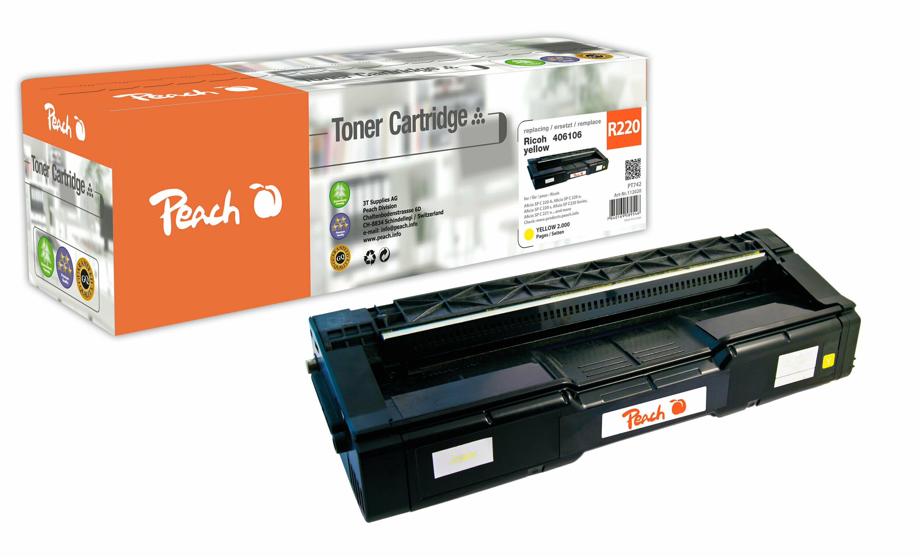 Peach R220/240 Toner ye ersetzt Ricoh 406106 für z.B. Ricoh Aficio SP C 220 A, Ricoh Aficio SP C 220 n, Ricoh Aficio SP C 220 s (wiederaufbereitet)