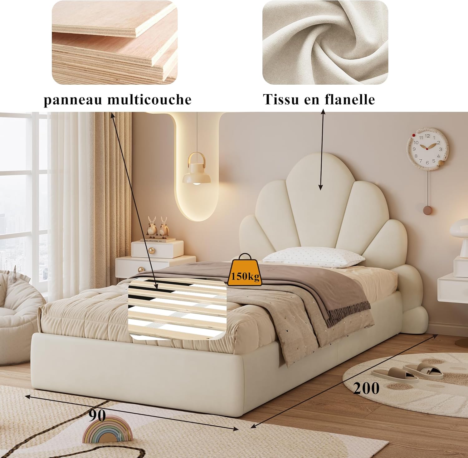 I0I&I0I Einzelbett Polsterbett Samt Beige, Kinderbett Jugendbett mit Kopfteil Blütenblätter, Stabiler Lattenrost, Metallrahmen, Modern Stilvoll rutschfest Einfacher Aufbau (90x200cm)