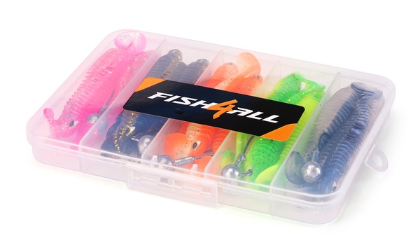 Boîte Leurre Souple Nervuré & Tête Plombée Fish4all (20 pièces)