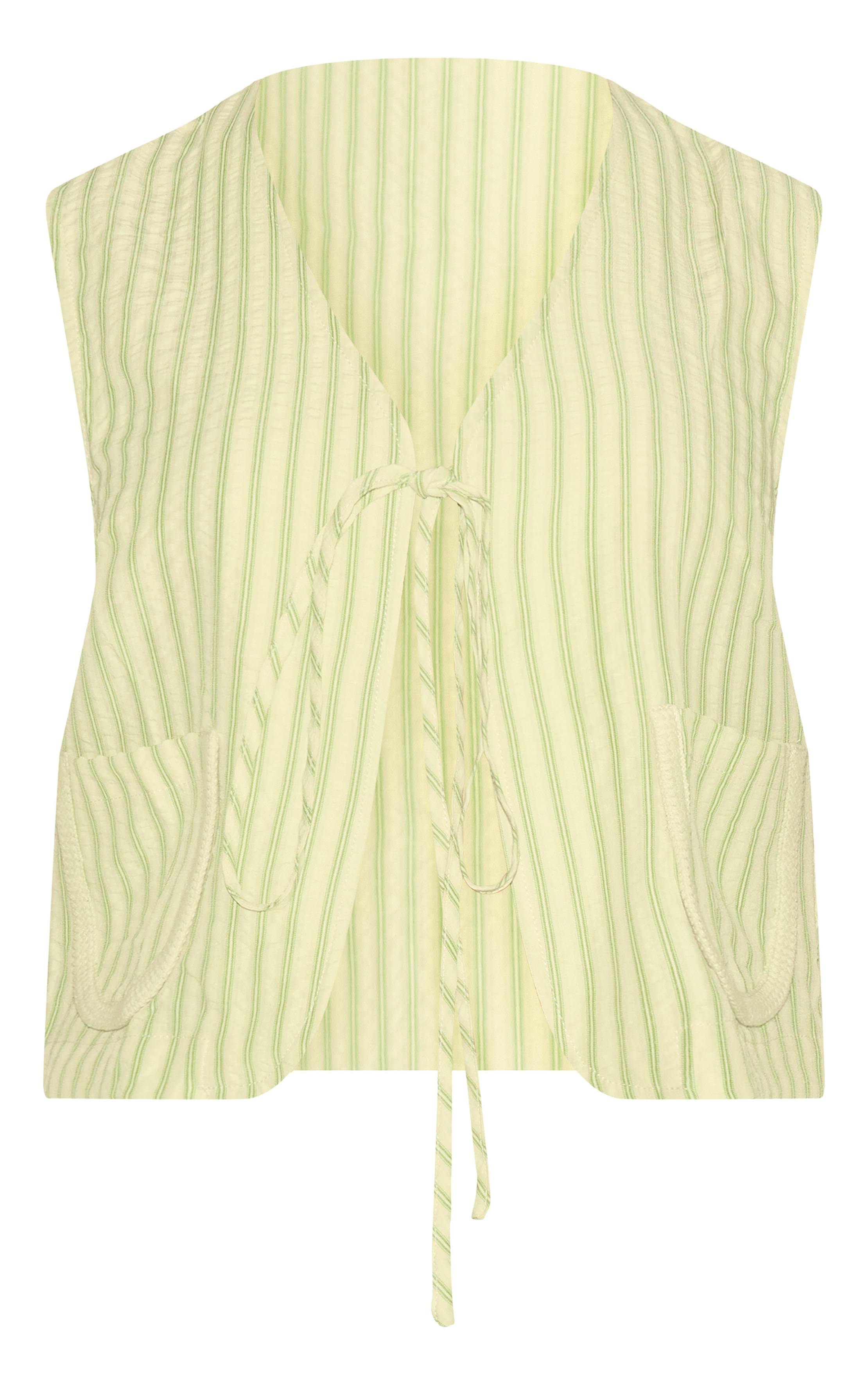 Vert Olive Gilet Long Rayé Tissé À Nouer Devant Petite