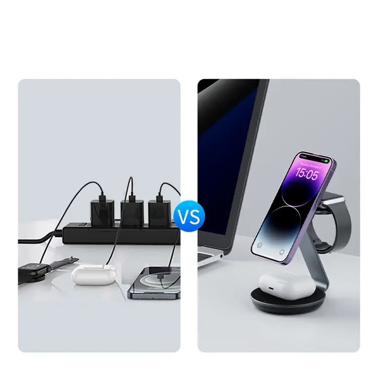 (15W) 3in1 MagSafe Ladegerät Qi Wireless Charger für Apple iPhone / Apple Airpods / Apple Watch Ladestation - Schwarz / Grau