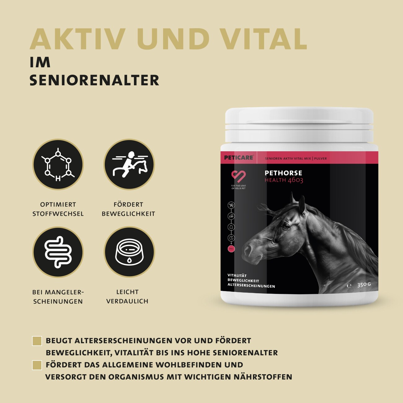 Peticare Senior Pulver für Pferde, fördert Vitalität & Beweglichkeit im Alter