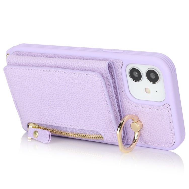 iPhone 12 / iPhone 12 Pro Necklace Leder Hülle mit Münzfach und Kartenfächer   Finger Griff Halterung   Handykette - Lila
