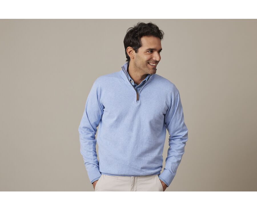 Pull fin homme coton bio/cachemire col zippé Bleu Ciel Chiné - VLAD