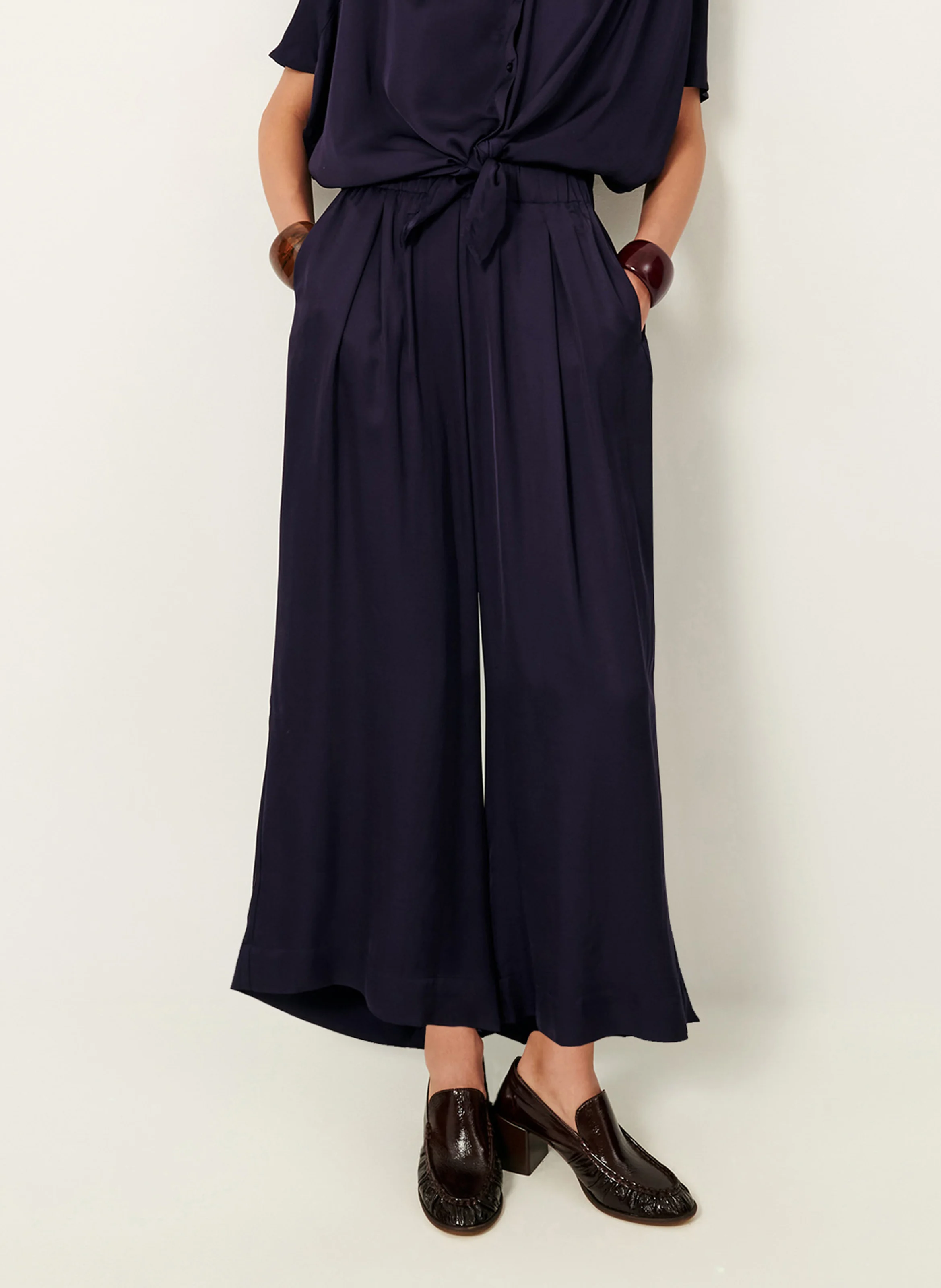 ISLA NIGHT - Pantalon large taille haute fluide | Bleu