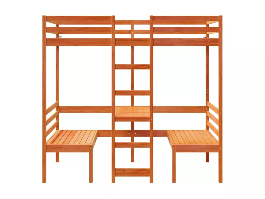Lit mezzanine avec bureau et chaises brun cire 80x200 cm pin