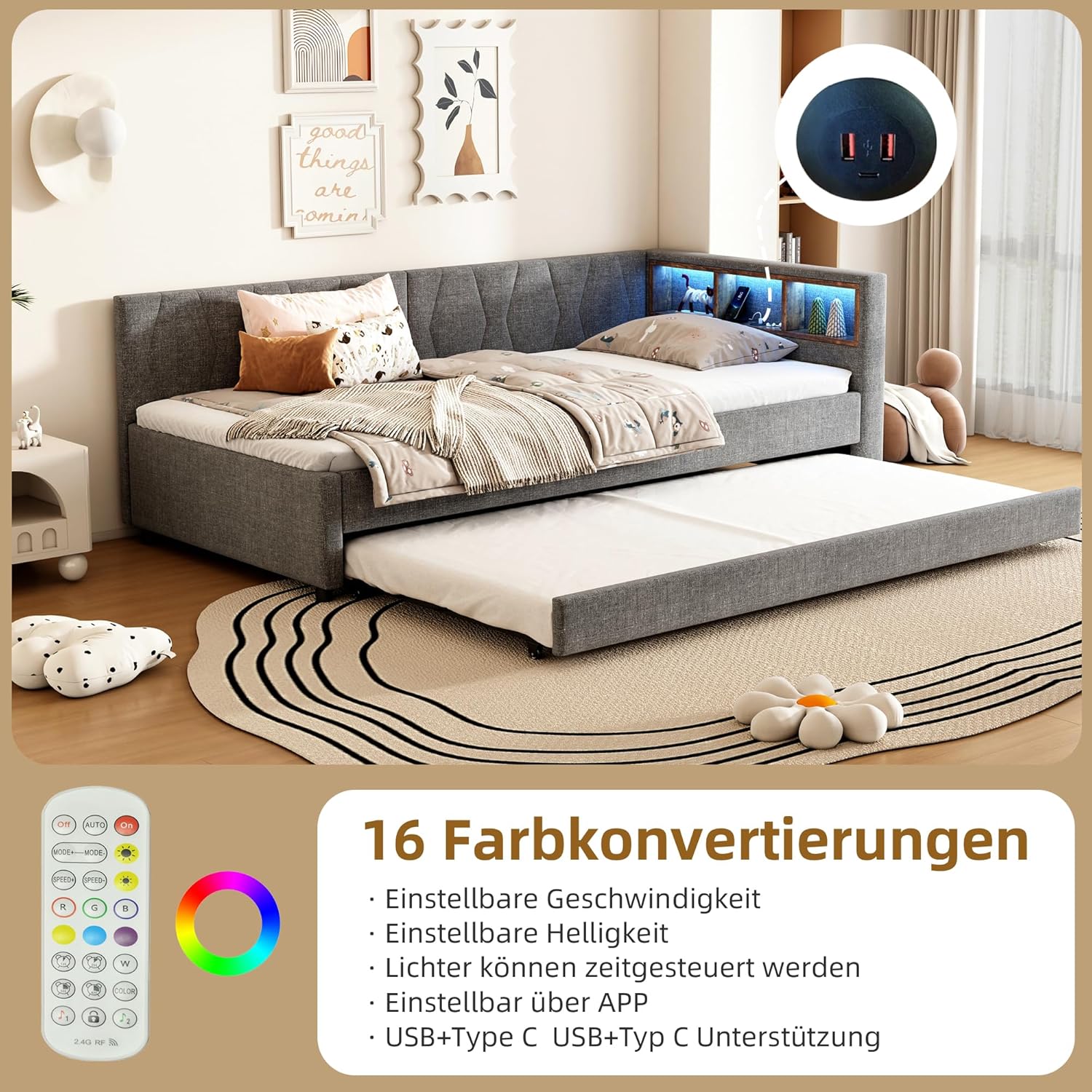 Polsterbett Schlafsofa 90x200, Einzelbett mit Ausziehbett, Daybett mit LED Staufach, Tagesbett mit USB Typ C Ladefunktion, Jugendbett Kinderbett Gästebett, Leinen, ohne Matratze, Grau