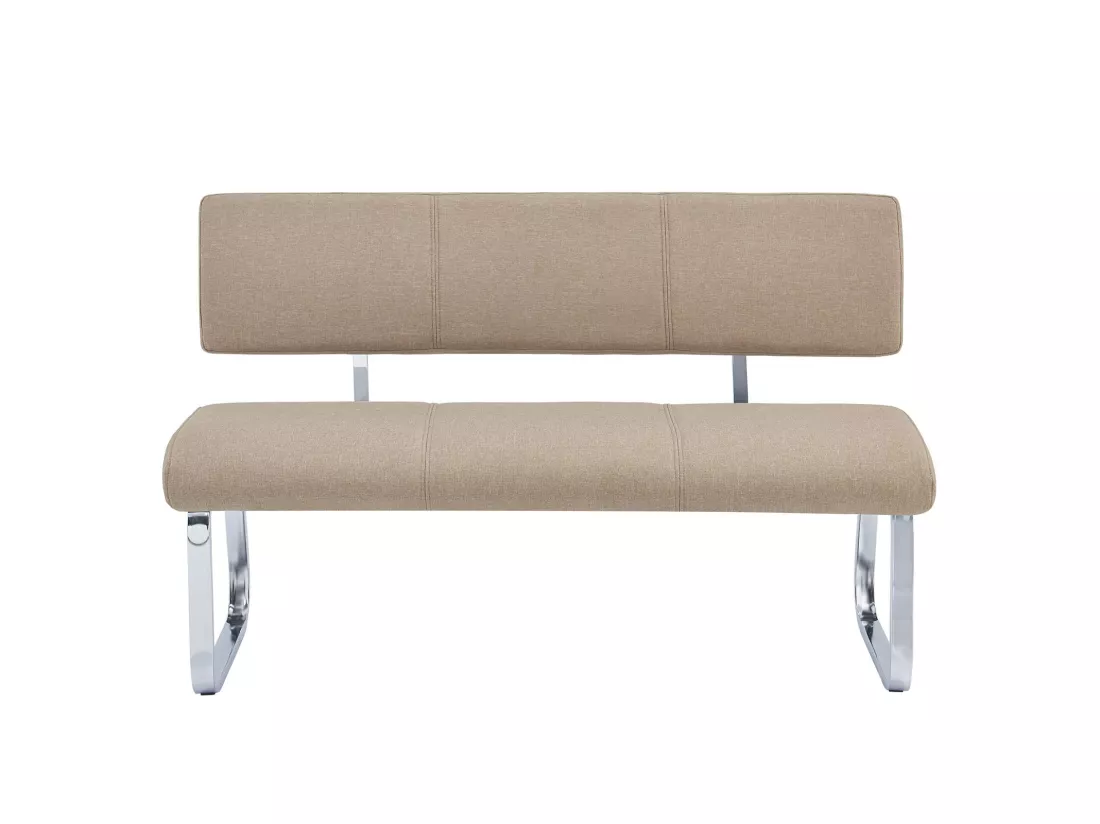Banc design VILAS siège avec 3 places, banquette au piètement chromé et dossier au revêtement en tissu beige