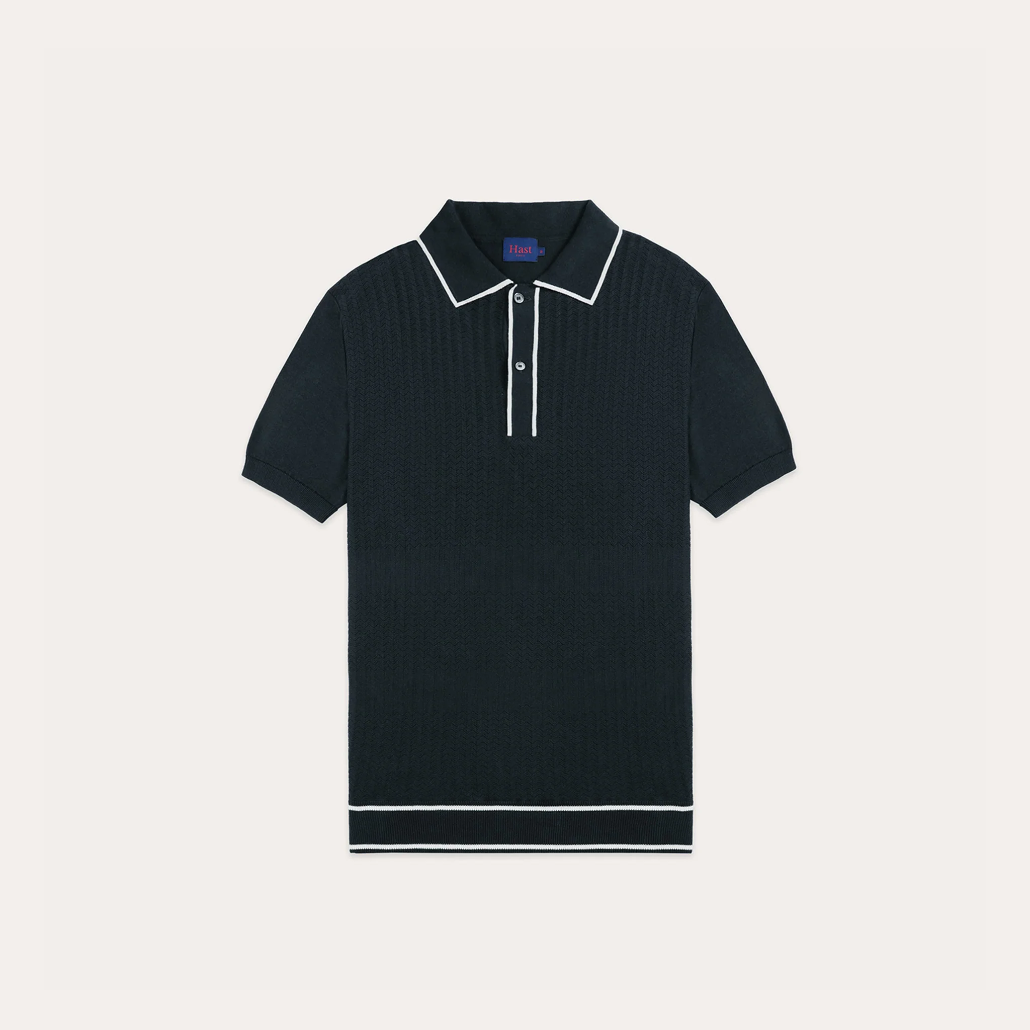 Navy and ecru knit polo shirt