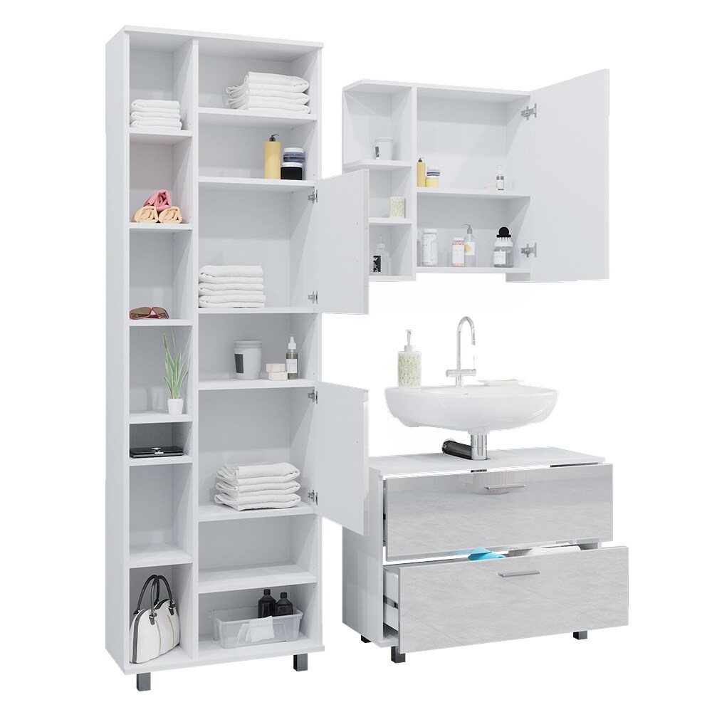 Vicco Badmöbel-Set Ilias Weiß Hochglanz modern Waschtischunterschrank Spiegelschrank Hochschrank